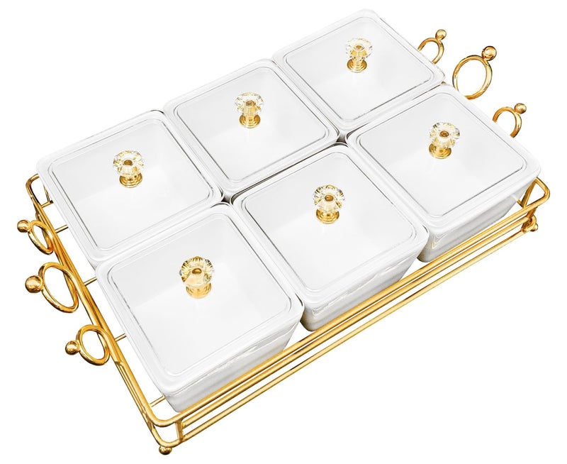 YA JU Ceramic Bowls and with Lid Gold Basket Trays, 6 Removable Small Bowls Condiment Trays Nut Serving Set for Snacks, Fruits, Candy and Condiments -Great for Parties, Holiday Gifts, White - Image 1