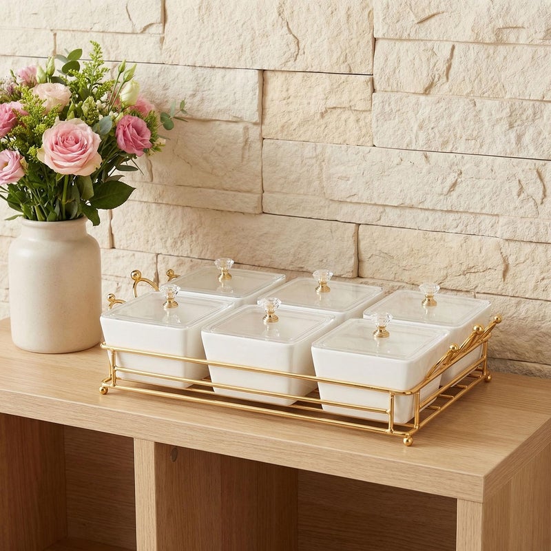 YA JU Ceramic Bowls and with Lid Gold Basket Trays, 6 Removable Small Bowls Condiment Trays Nut Serving Set for Snacks, Fruits, Candy and Condiments -Great for Parties, Holiday Gifts, White - Image 2