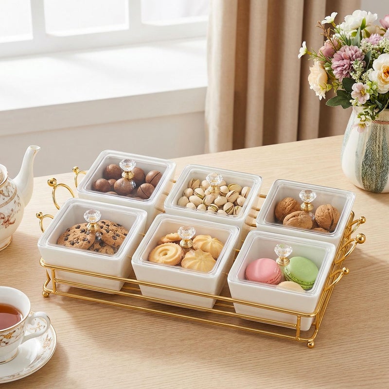 YA JU Ceramic Bowls and with Lid Gold Basket Trays, 6 Removable Small Bowls Condiment Trays Nut Serving Set for Snacks, Fruits, Candy and Condiments -Great for Parties, Holiday Gifts, White - Image 5
