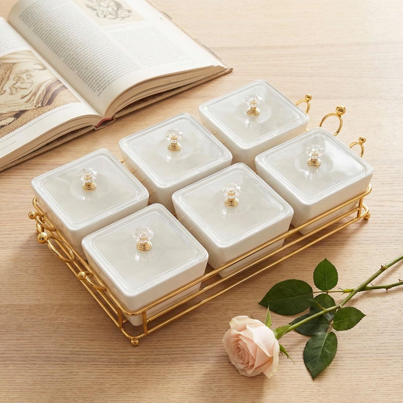 YA JU Ceramic Bowls and with Lid Gold Basket Trays, 6 Removable Small Bowls Condiment Trays Nut Serving Set for Snacks, Fruits, Candy and Condiments -Great for Parties, Holiday Gifts, White - Image 4