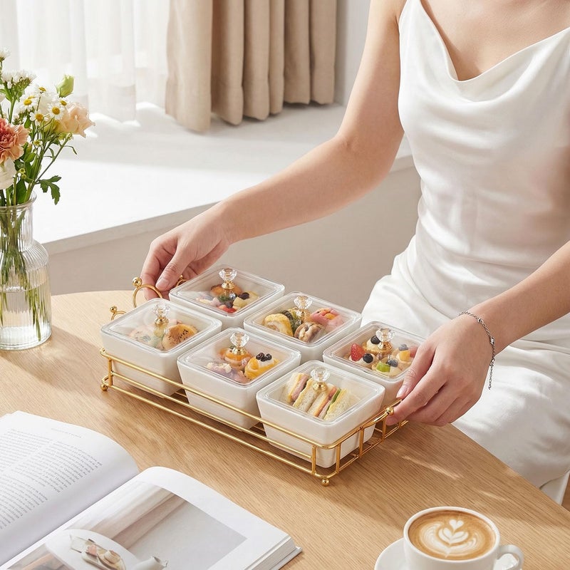 YA JU Ceramic Bowls and with Lid Gold Basket Trays, 6 Removable Small Bowls Condiment Trays Nut Serving Set for Snacks, Fruits, Candy and Condiments -Great for Parties, Holiday Gifts, White - Image 3