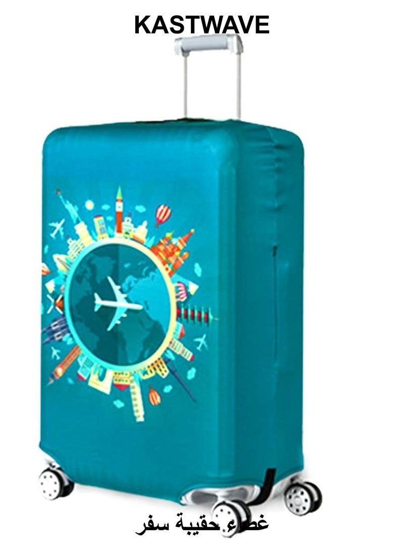 KASTWAVE Travel Luggage Cover, Spandex Elastic Stretch Fabric, Cover for Suitcase Luggage Protector Premium Elasticated, Washable Luggage Trolley Case, For 26-28 Inch Luggage (L, Green-Plane) - Image 1