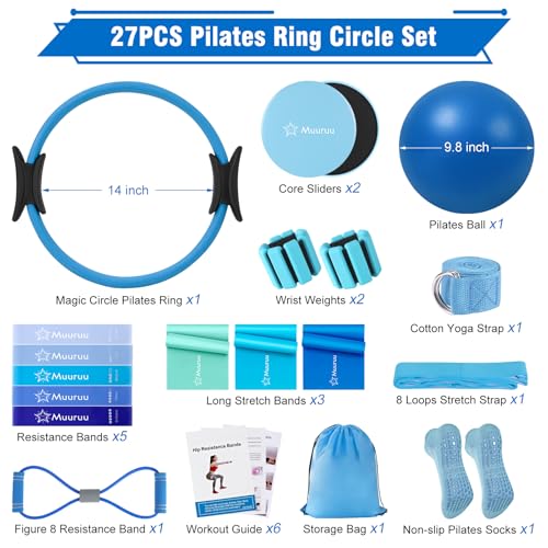 Muuruu Pilates Equipment Kit for Home Workout, Pilates Ring and Ball Set for Women, 14'' Magic Circle Essentials Accessories Kit, Wrist Weights, Resistance Bands, Yoga Strap, Socks, Bag Blue - Image 2
