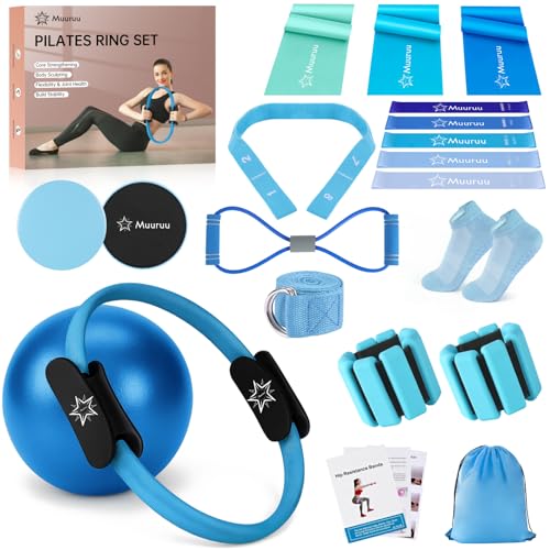 Muuruu Pilates Equipment Kit for Home Workout, Pilates Ring and Ball Set for Women, 14'' Magic Circle Essentials Accessories Kit, Wrist Weights, Resistance Bands, Yoga Strap, Socks, Bag Blue - Image 1