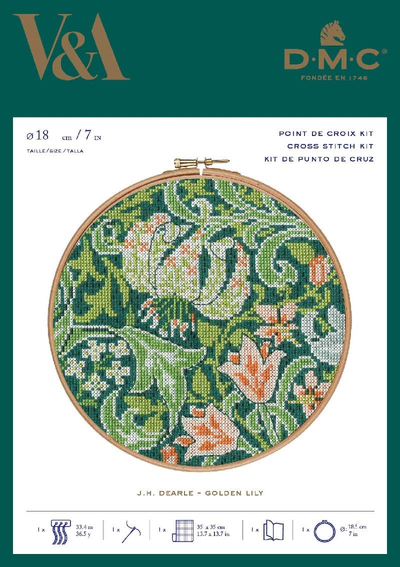 DMC Stitch Kit Golden Lily  JH Dearle Includes No 25 Embroidery Thread Embroidery Needle Embroidered Aida  White 14 Count and Instructions