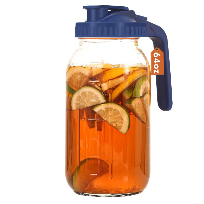 Mihlapi Glass Pitcher with Lid, 64 OZ Mason Jar Pitcher Double Leak Proof, 2 Quart Breast Milk Storage Containers for Fridge, Wide Mouth Glass Jar for Sun Tea, Juice, Cold Brew Coffee - Image 1