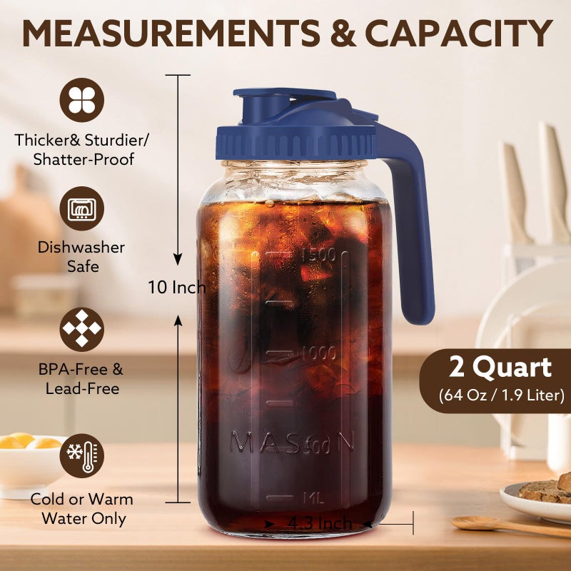 Mihlapi Glass Pitcher with Lid, 64 OZ Mason Jar Pitcher Double Leak Proof, 2 Quart Breast Milk Storage Containers for Fridge, Wide Mouth Glass Jar for Sun Tea, Juice, Cold Brew Coffee - Image 4