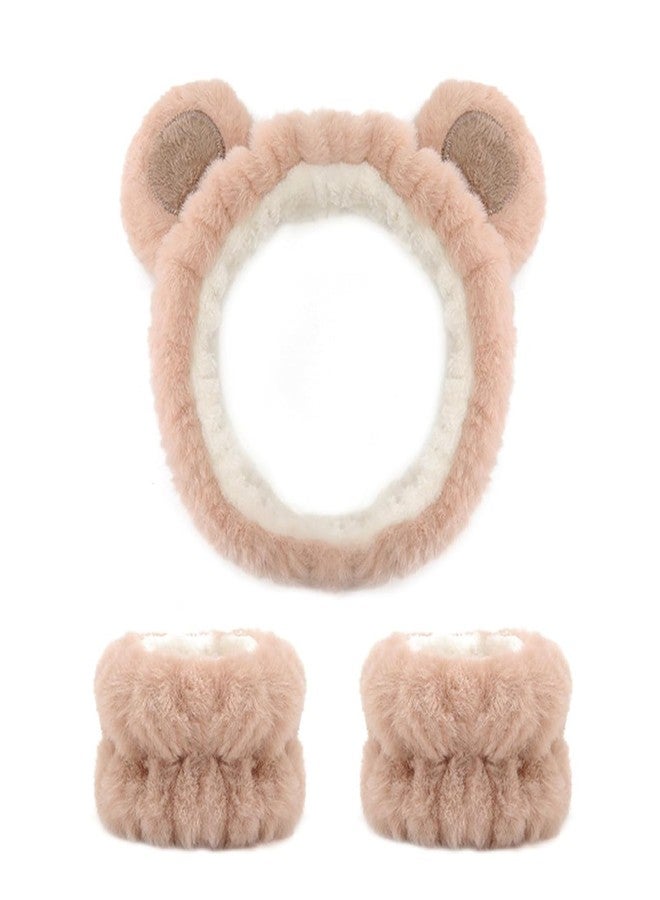 Corsula Headband Skincare Bear Hairband Make-up Hair Band for Yoga, Make-Up, Washing, Face, Shower, Beauty, Skin Care Pack of 3 Wrist Wash Band,Spa Head Band (Beige, Regular) - Image 1