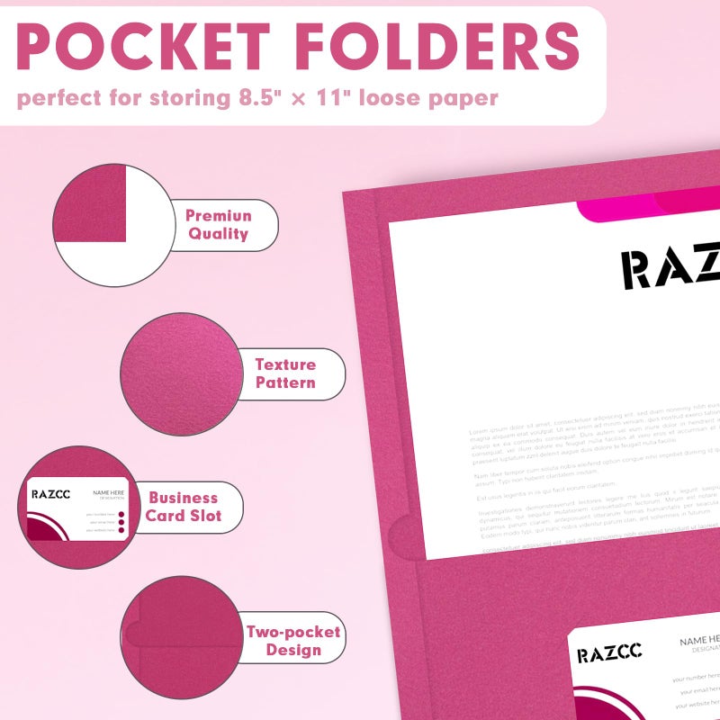 RAZCC Two Pocket Folders, RAZCC 50 Pack 2 Pocket Folders Fit Letter Size Paper, Paper Folders with Pockets for School Office Business Home (Magenta) - Image 3