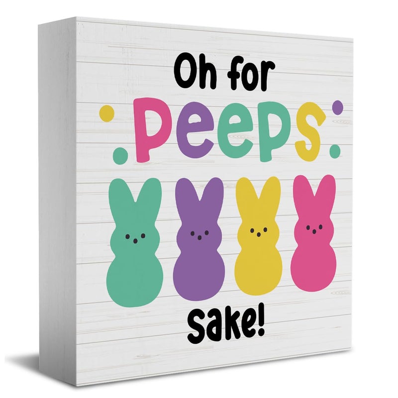 HTBIG Funny Easter Bunny Decor Desk Decor Wooden Box Sign Easter Decorations Gift Wood Block Plaque Box Sign for Home Farmhouse Kitchen Bathroom Shelf Table Decoration Oh for Peeps Shake - Image 1