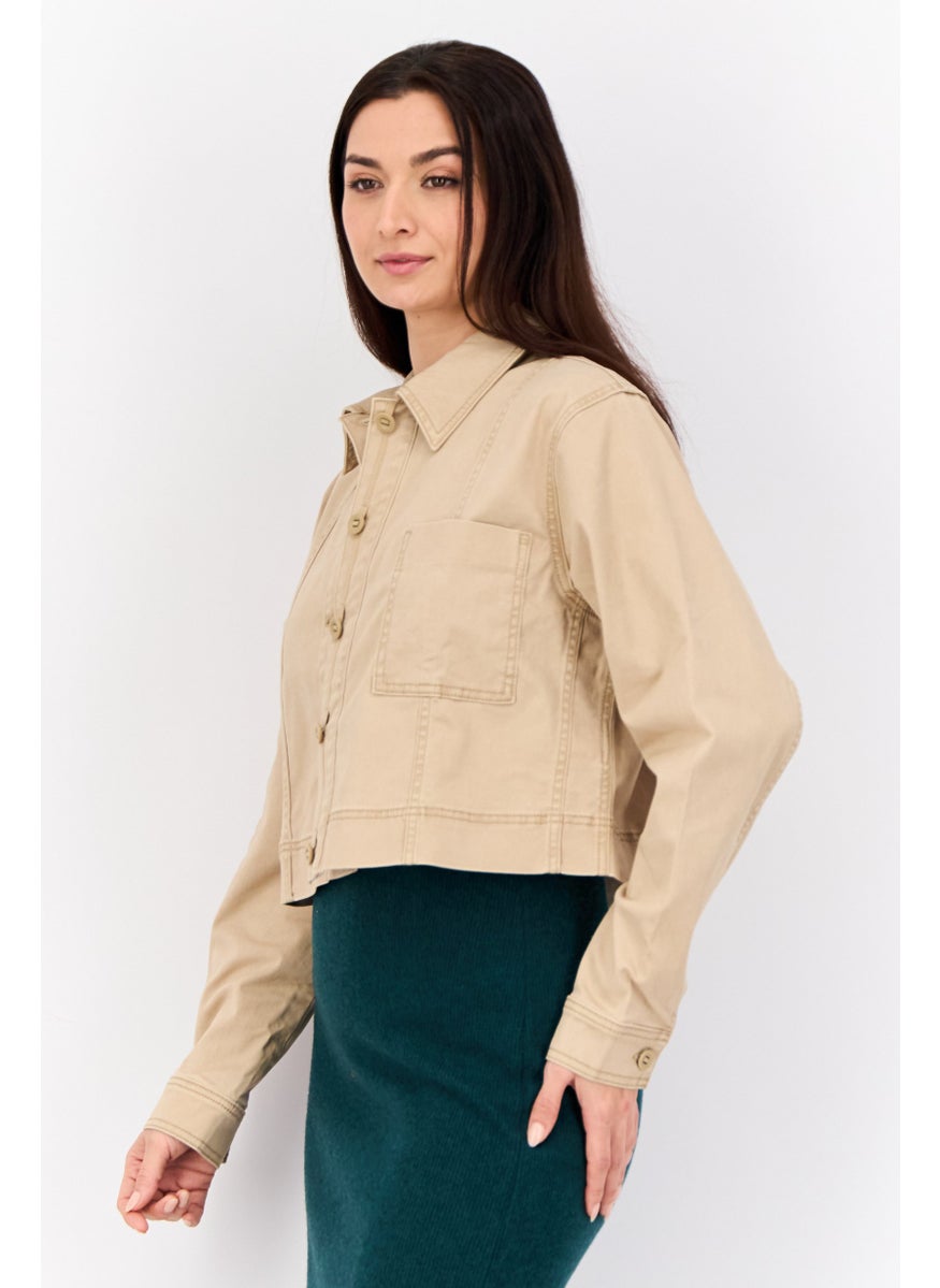 ESPRIT - Women Plain Jacket Shirt, Tan - Image 1