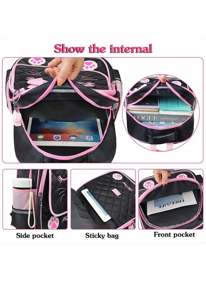 FEWOFJ Cute Cat Black School Backpack with Lunch Bag for 8-16 Year Old Girls, Elementary School Bags Bookbags for Kids  - Image 3