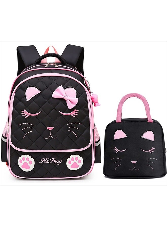FEWOFJ Cute Cat Black School Backpack with Lunch Bag for 8-16 Year Old Girls, Elementary School Bags Bookbags for Kids  - Image 1