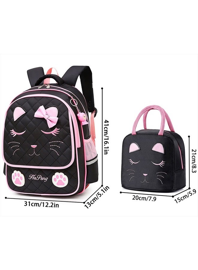 FEWOFJ Cute Cat Black School Backpack with Lunch Bag for 8-16 Year Old Girls, Elementary School Bags Bookbags for Kids  - Image 2