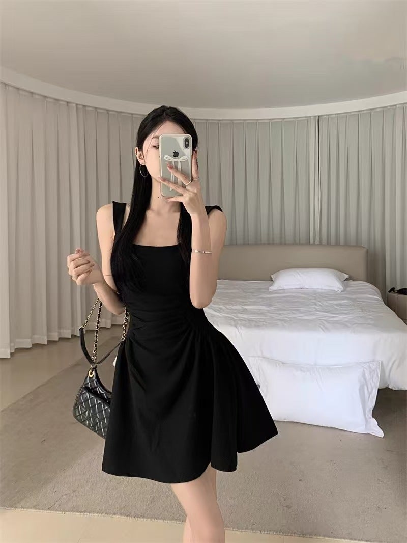 French Hepburn Style Elegant Dress Small White Dress Womens Early Spring High-end Pure Wish Waist A- shaped Sling dress Black