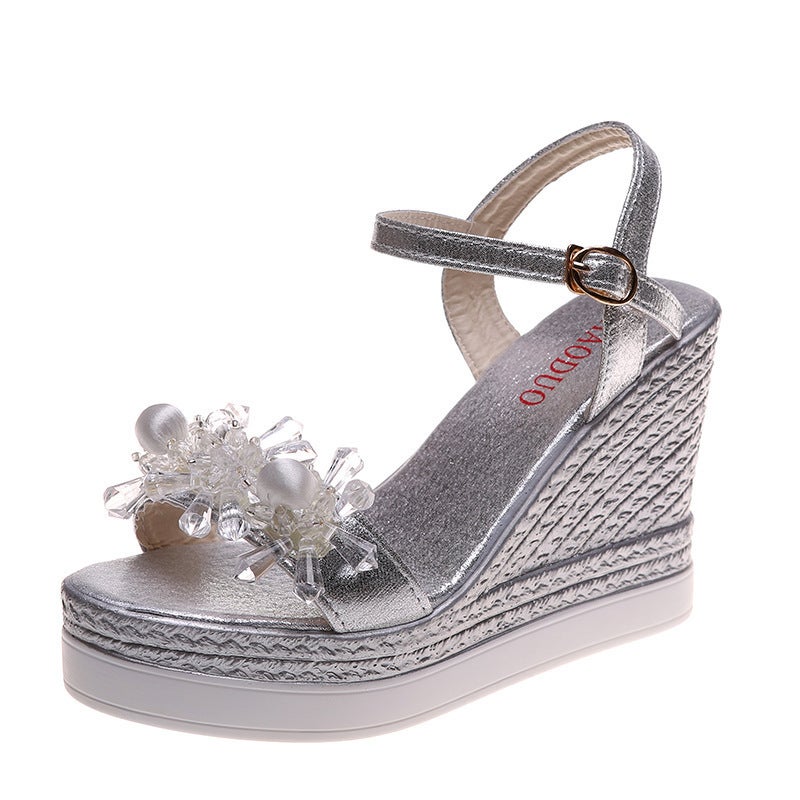 Crystal Wedge Sandals Heels Buckle Summer 2024 Silver