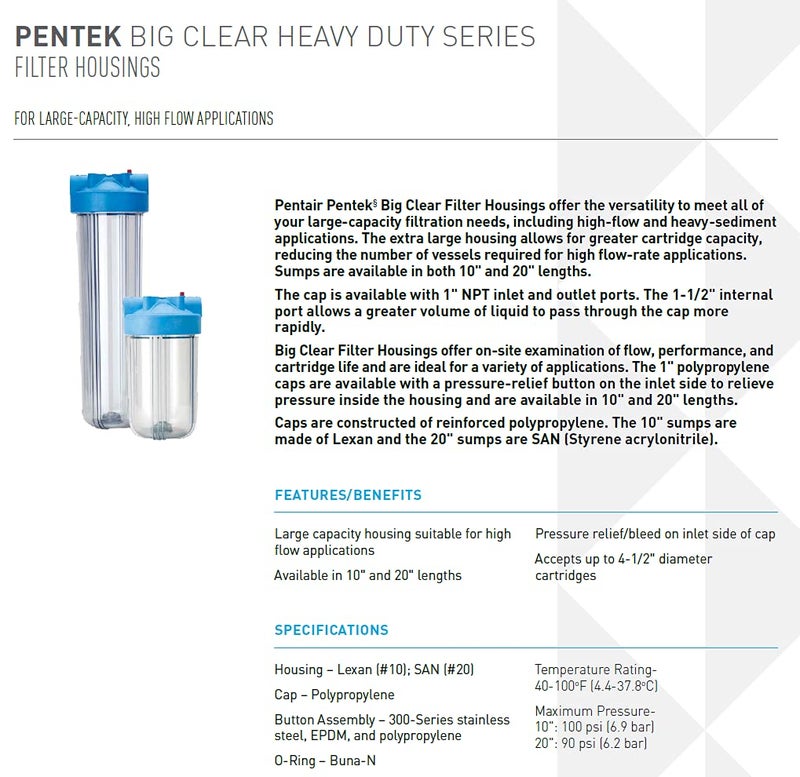 Pentek Pentair Pentek 166219 Big Clear Filter Housing, 1" NPT #10 Whole House Heavy Duty Water Filter Housing with Pressure Relief Button, 10-Inch, Blue/Clear - Image 2