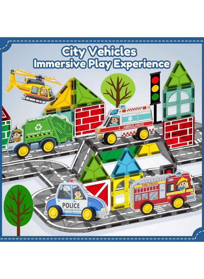 Oriate Rolling City Vehicle for Magnetic Tiles, Free Wheels Rescue Toy Cars Compatible with Road Magnet Tiles, Car Toys for Kids Urban Road Traffic Magnetic Tiles Toys, Educational Gift Boys Girls - Image 2
