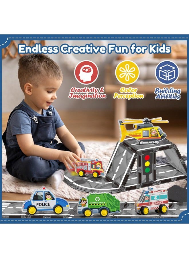 Oriate Rolling City Vehicle for Magnetic Tiles, Free Wheels Rescue Toy Cars Compatible with Road Magnet Tiles, Car Toys for Kids Urban Road Traffic Magnetic Tiles Toys, Educational Gift Boys Girls - Image 3