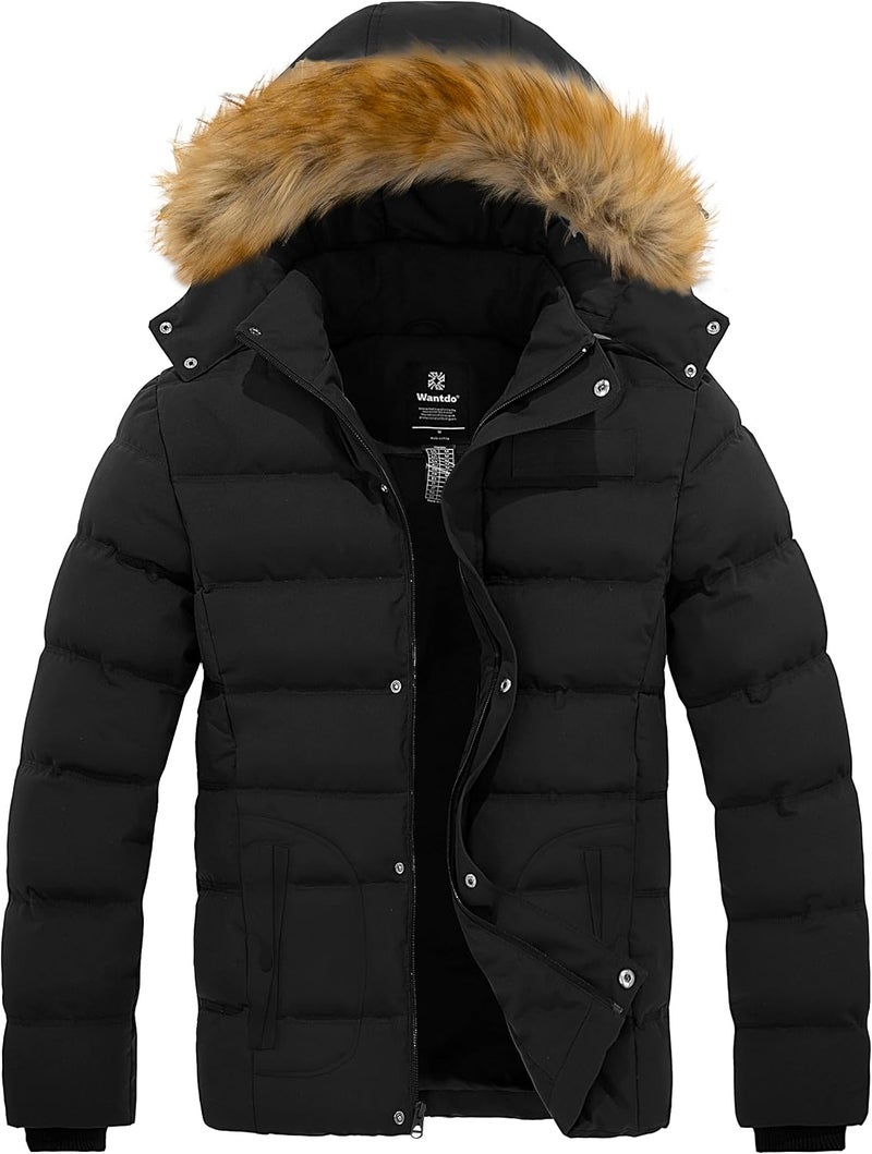 Wantdo Men's Winter Puffer Coat with Detachable Fur Hood - Black, Large - Image 1
