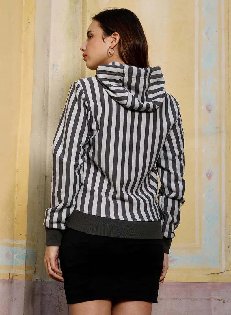 Campus Sutra Women's Charcoal Grey Candy-Stripe Pullover Hoodie