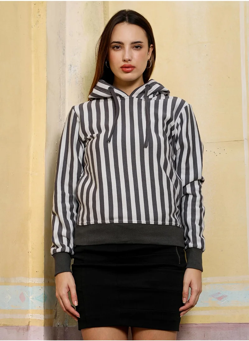 Campus Sutra Women's Charcoal Grey Candy-Stripe Pullover Hoodie