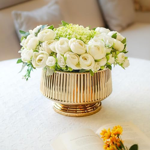 BEHOMA Golden Fluted Pedestal Bowl Planter for Home, Office Décor, Modern Tabletop Planter, Decorative Bowl for Flowers | Elegant Metal Design | Size Height- 6" x Dia. 9" inch (Plants Not Included) - Image 2