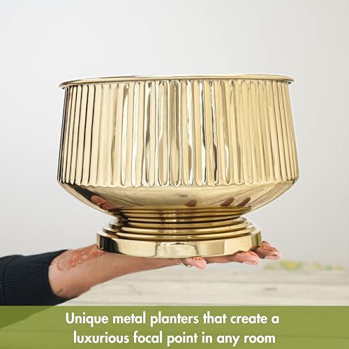 BEHOMA Golden Fluted Pedestal Bowl Planter for Home, Office Décor, Modern Tabletop Planter, Decorative Bowl for Flowers | Elegant Metal Design | Size Height- 6" x Dia. 9" inch (Plants Not Included) - Image 5