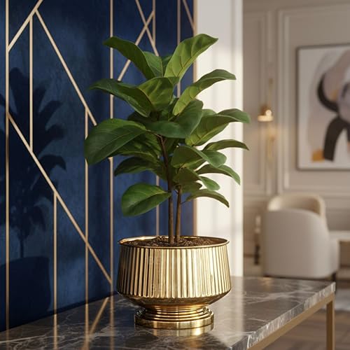 BEHOMA Golden Fluted Pedestal Bowl Planter for Home, Office Décor, Modern Tabletop Planter, Decorative Bowl for Flowers | Elegant Metal Design | Size Height- 6" x Dia. 9" inch (Plants Not Included) - Image 3