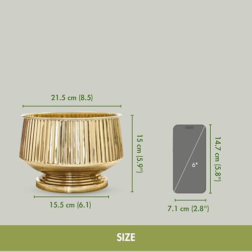BEHOMA Golden Fluted Pedestal Bowl Planter for Home, Office Décor, Modern Tabletop Planter, Decorative Bowl for Flowers | Elegant Metal Design | Size Height- 6" x Dia. 9" inch (Plants Not Included) - Image 4