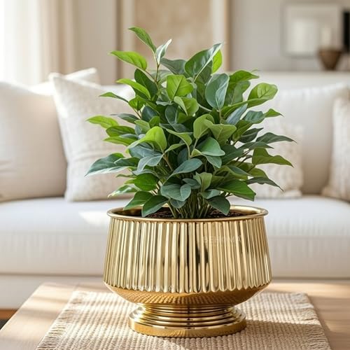 BEHOMA Golden Fluted Pedestal Bowl Planter for Home, Office Décor, Modern Tabletop Planter, Decorative Bowl for Flowers | Elegant Metal Design | Size Height- 6" x Dia. 9" inch (Plants Not Included) - Image 1