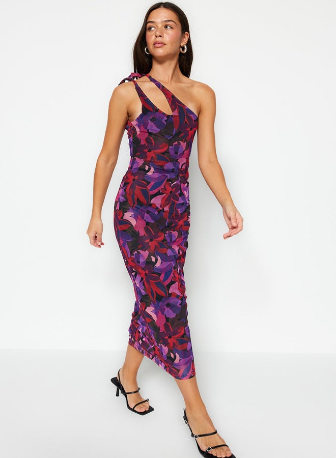 trendyol Multi-Colored Asymmetrical Collar Tulle Lined Fitted Maxi Flexible Knitted Pencil Dress - Image 2