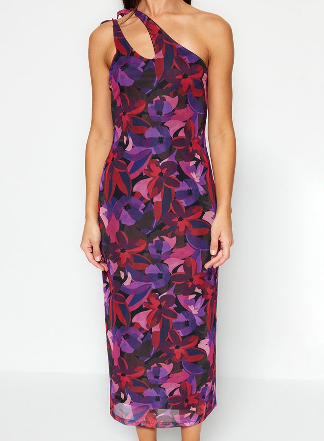 trendyol Multi-Colored Asymmetrical Collar Tulle Lined Fitted Maxi Flexible Knitted Pencil Dress - Image 4