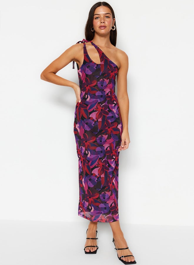 trendyol Multi-Colored Asymmetrical Collar Tulle Lined Fitted Maxi Flexible Knitted Pencil Dress - Image 1