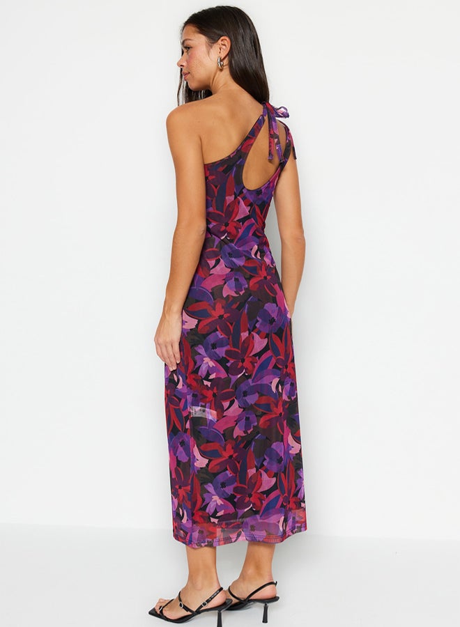 trendyol Multi-Colored Asymmetrical Collar Tulle Lined Fitted Maxi Flexible Knitted Pencil Dress - Image 5