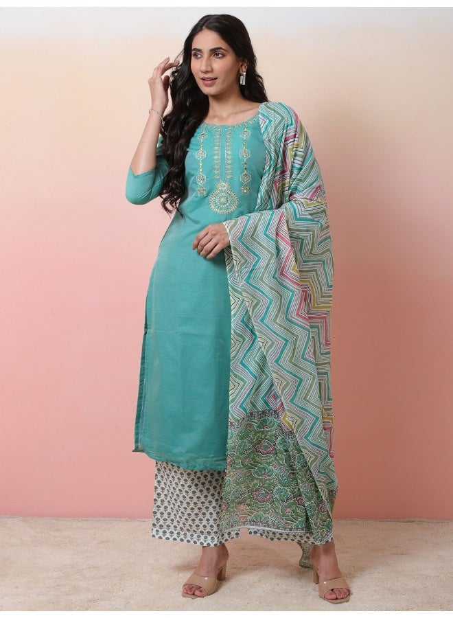 AKS Ethnic Motifs Embroidered Chanderi Silk Kurta With Palazzos & Dupatta  - Image 1