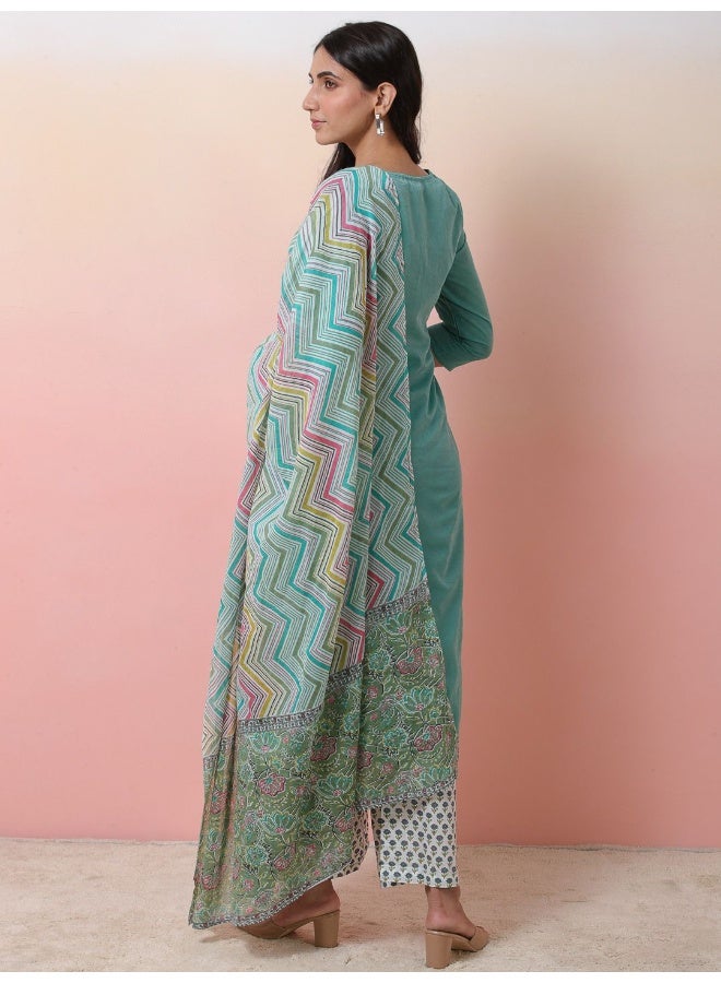 AKS Ethnic Motifs Embroidered Chanderi Silk Kurta With Palazzos & Dupatta  - Image 5