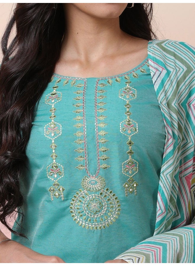 AKS Ethnic Motifs Embroidered Chanderi Silk Kurta With Palazzos & Dupatta  - Image 2