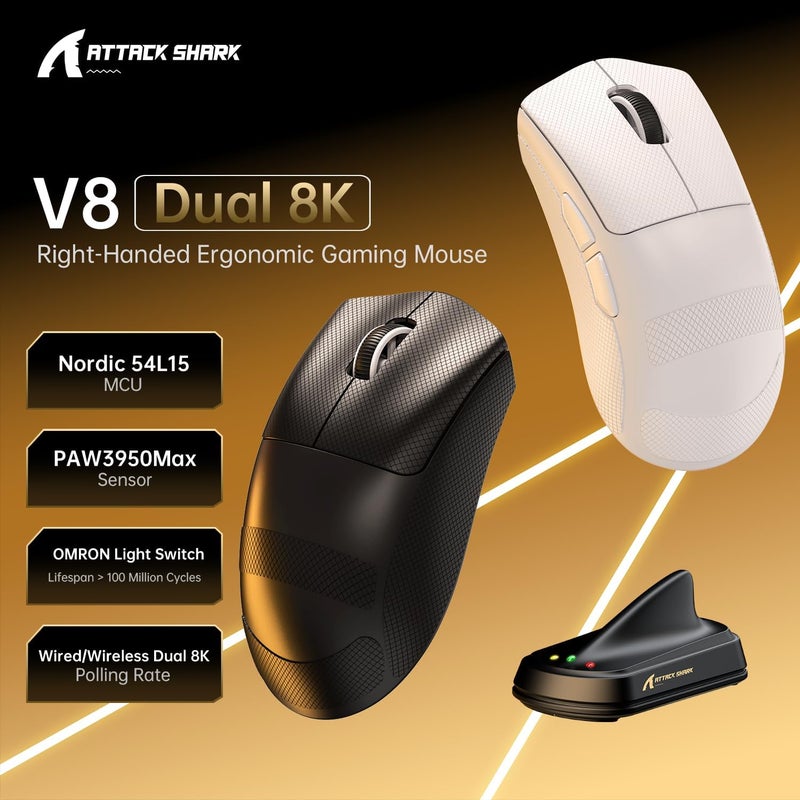 MAMBASNAKE x ATTACK SHARK V8 Wireless Gaming Mouse, 59g Ultra-Lightweight, PAW3950MAX Sensor, SHARK 8K Dongle, Tri-Mode (2.4G/Bluetooth/Wired), Right-Hand Ergonomic Design, Web-Based Software - Image 2