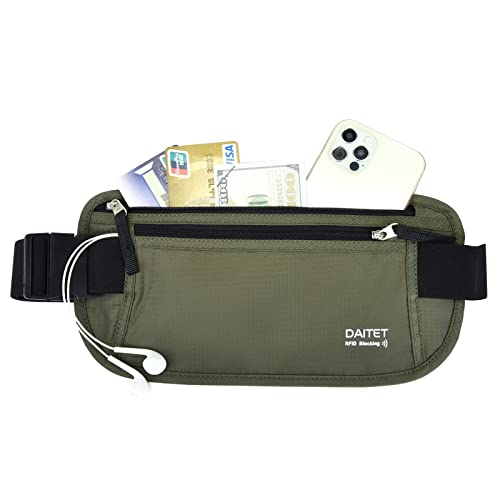 DAITET RFID Blocking Money Belt for Men Women, Slim Fanny Pack for Travel，Running,Conceal Waist Wallet for Passport Holder,Phone,Cash(Black Dark Olive Green) - Image 2