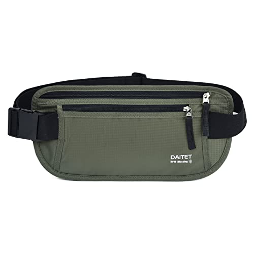 DAITET RFID Blocking Money Belt for Men Women, Slim Fanny Pack for Travel，Running,Conceal Waist Wallet for Passport Holder,Phone,Cash(Black Dark Olive Green) - Image 1