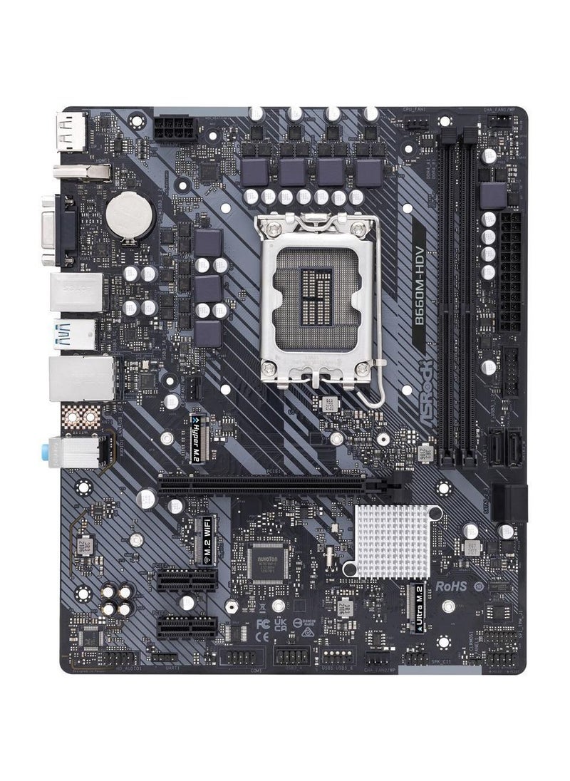 ASRock B660M-HDV LGA 1700 Micro ATX Motherboard, Intel B660 Chipset, 2x 2 Channel DDR4 64GB Max, Gigabit LAN, 1x M.2 SATA3 6.0 Gb/socket, 1 PCIe 4.0 x16, 1x HDMI/DP 1.4 | 90-MXBH40-A0