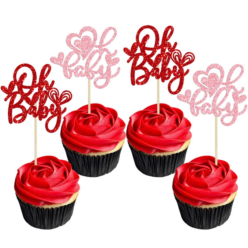 Ephlyn 24Pcs Oh Baby Valentine's Day Cupcake Toppers Glitter Feet Sweet Love Heart Baby Shower Cupcake Picks for Love Valentine's Day Theme Birthday Party Cake Decorations Supplies Multi - Image 1