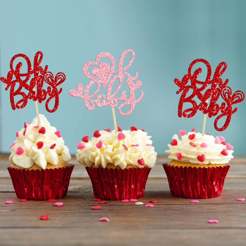 Ephlyn 24Pcs Oh Baby Valentine's Day Cupcake Toppers Glitter Feet Sweet Love Heart Baby Shower Cupcake Picks for Love Valentine's Day Theme Birthday Party Cake Decorations Supplies Multi - Image 4