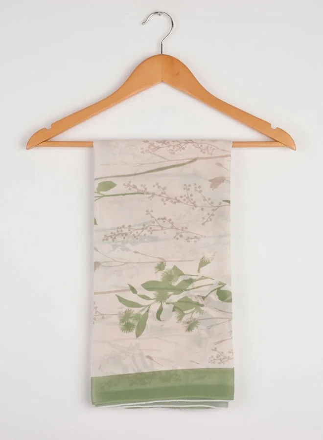 lamha abaya Printed Chiffon Scarf – Beige with Subtle Botanical Pattern