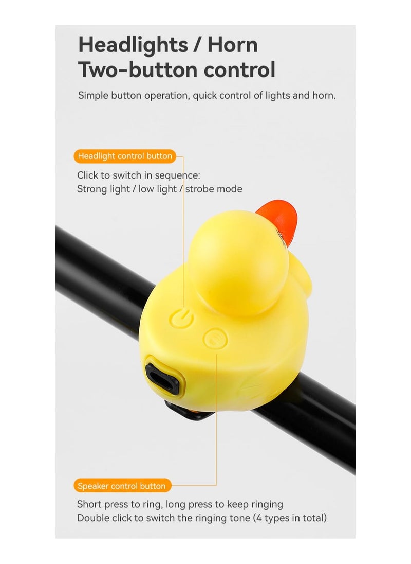 SYOSI - Lovely Yellow Duck Bike Bell, Kids Bike Horn, Rubber Yellow Duck Bicycle Accessories with White LED Light - for Kids Toddler Children Adults Sport Outdoor (Black White Helmet) - Image 1