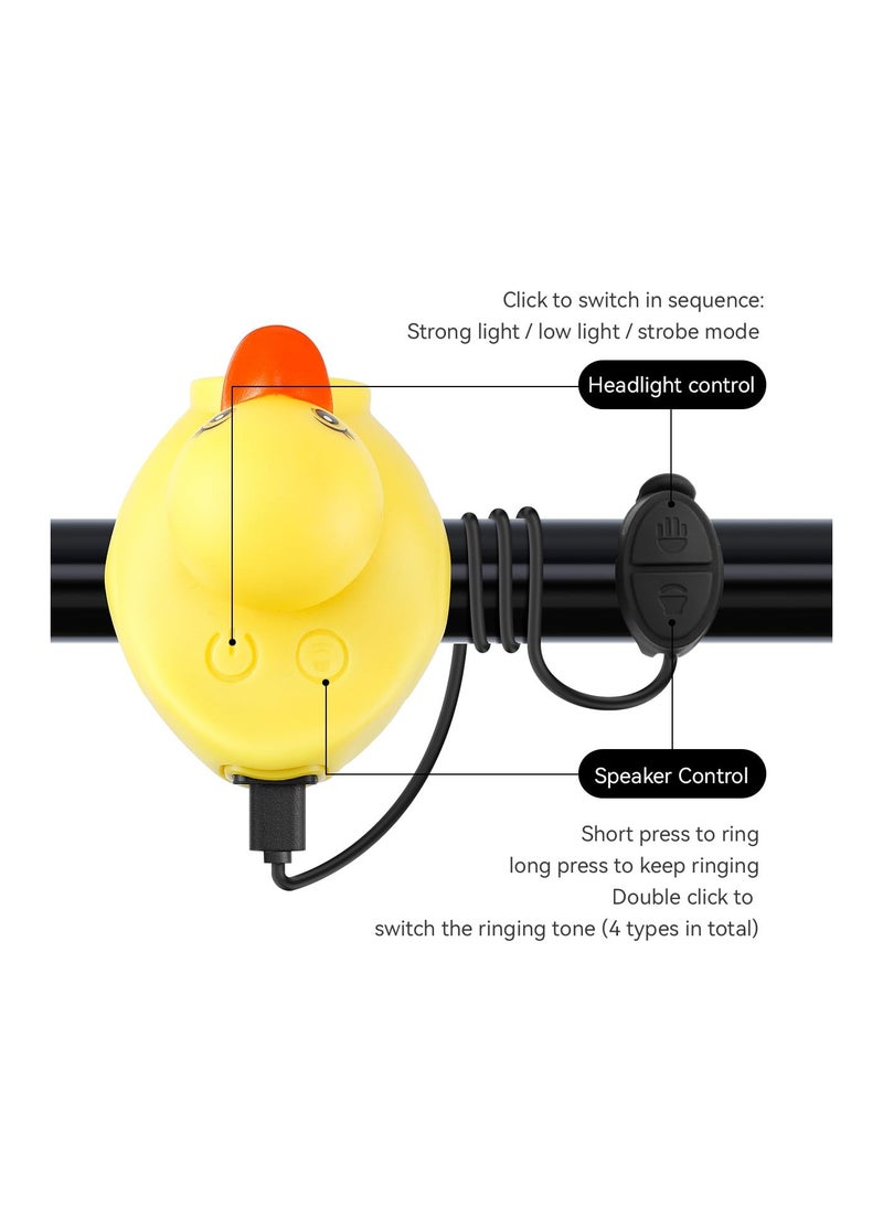 SYOSI - Lovely Yellow Duck Bike Bell, Kids Bike Horn, Rubber Yellow Duck Bicycle Accessories with White LED Light - for Kids Toddler Children Adults Sport Outdoor (Black White Helmet) - Image 1