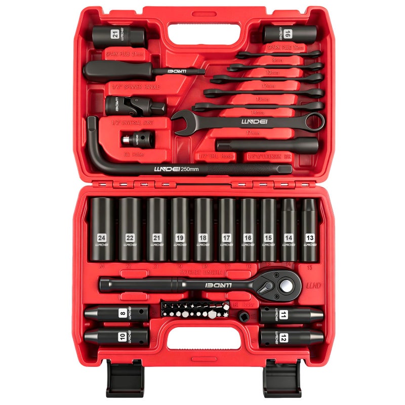 LLNDEI 12 Dr Ratchet Impact Socket Wrench SetDeep Sockets824mmSpark Plug Socket1621mm49PCS CRV Metric With Combination Wrenches 817mm - Image 2