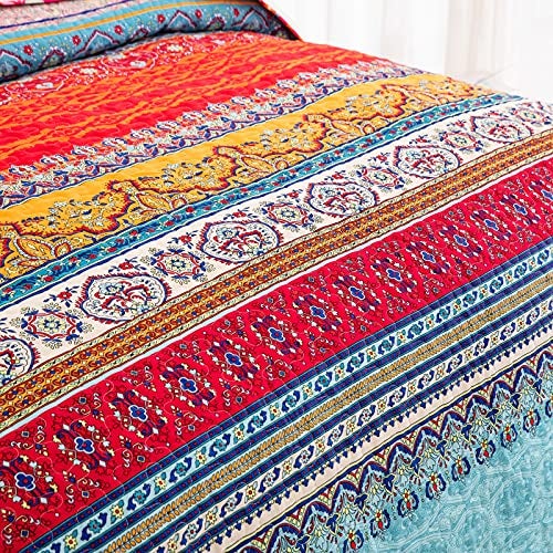 WONGS BEDDING Boho Queen Quilt Set, Orange and Blue Bohemian Queen Quilt Bedding Set, Lightweight Bed Decor Bedspread for All Season 96"x90"(3 Pieces) - Image 5