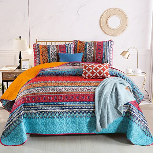 WONGS BEDDING Boho Queen Quilt Set, Orange and Blue Bohemian Queen Quilt Bedding Set, Lightweight Bed Decor Bedspread for All Season 96"x90"(3 Pieces) - Image 1